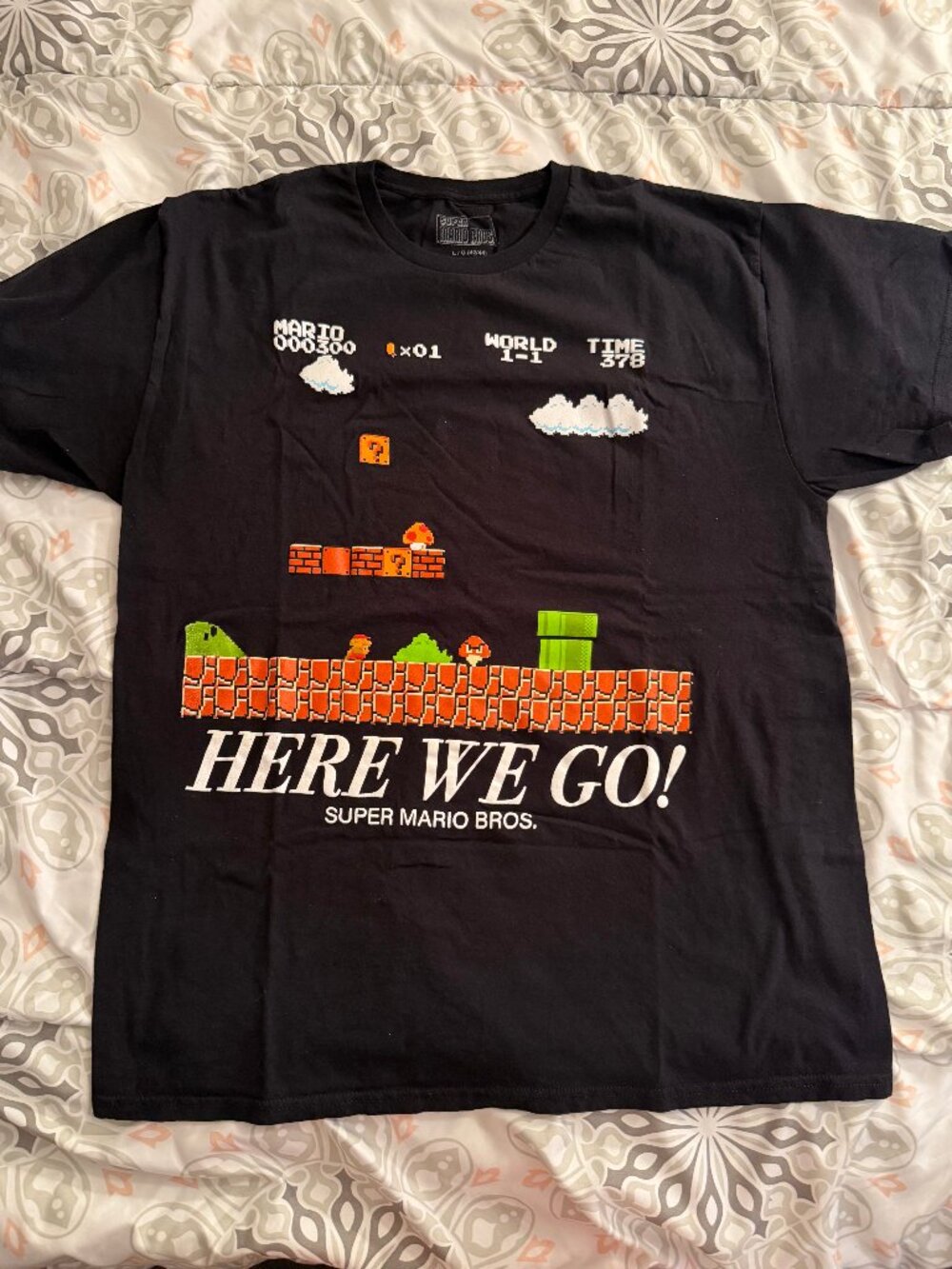 SUPER MARIO BROS. Here We Go! Black T-Shirt Large (42/44) Men's